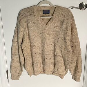 Pendleton Tan Wool V-Neck Knit Pullover Classic Speckled Sweater 35701